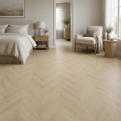 Koka kompozita vinils WPC Almeris Oak Chevron 5in1 WGFS002 interjerā