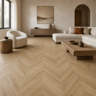 Koka kompozita vinils WPC Virano Oak Chevron 5in1 WGFS001 interjerā