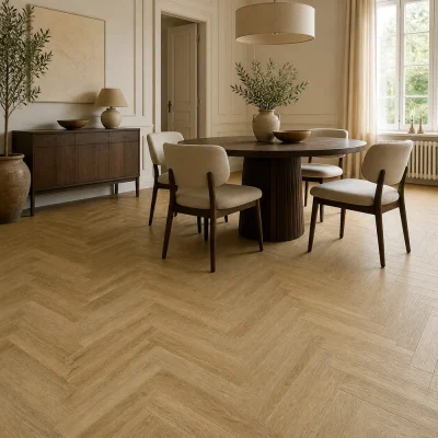 Mitrumizturīgs lamināts 100+ stundas OZOLS DELUX WGDH001 12 mm herringbone interjerā