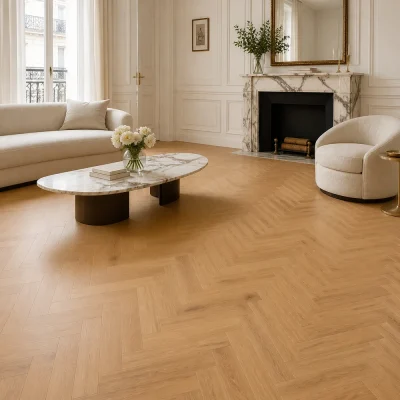 Mitrumizturīgs lamināts 100+ stundas OZOLS DELUX WGDH002 12 mm herringbone interjerā