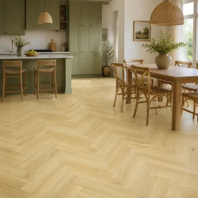 Mitrumizturīgs lamināts 100+ stundas OZOLS DELUX WGDH004 12 mm herringbone interjerā